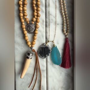 Boho Western Beaded Necklace Set with Tassel and Agate Pendants